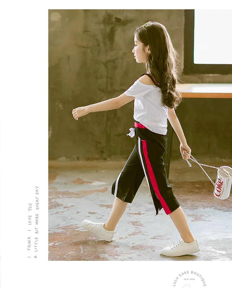 Fashion Summer Girl Clothing Teenage 2019 Child Set 2Pcs White T Shirt Wide Leg Pants Kids Clothes Outfits Sports Suit For Girls (12)