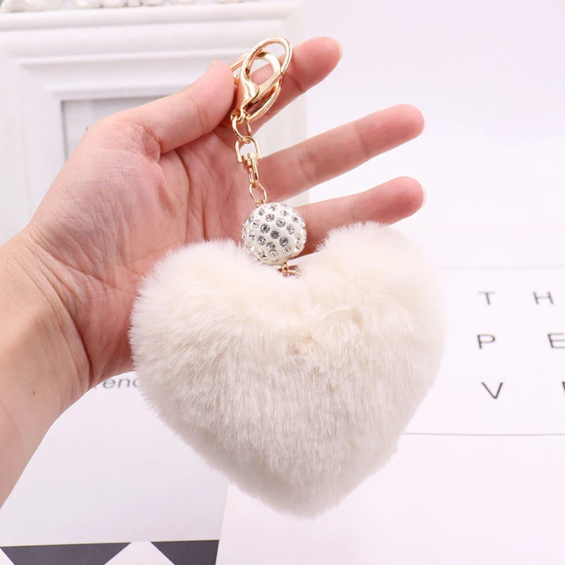 

NEW Lovely Heart Shaped Keychian Pom Poms Imitation Fur Ball Toy Doll Bag Car Key Ring Monster Keychain Crystal Jewelry Gift
