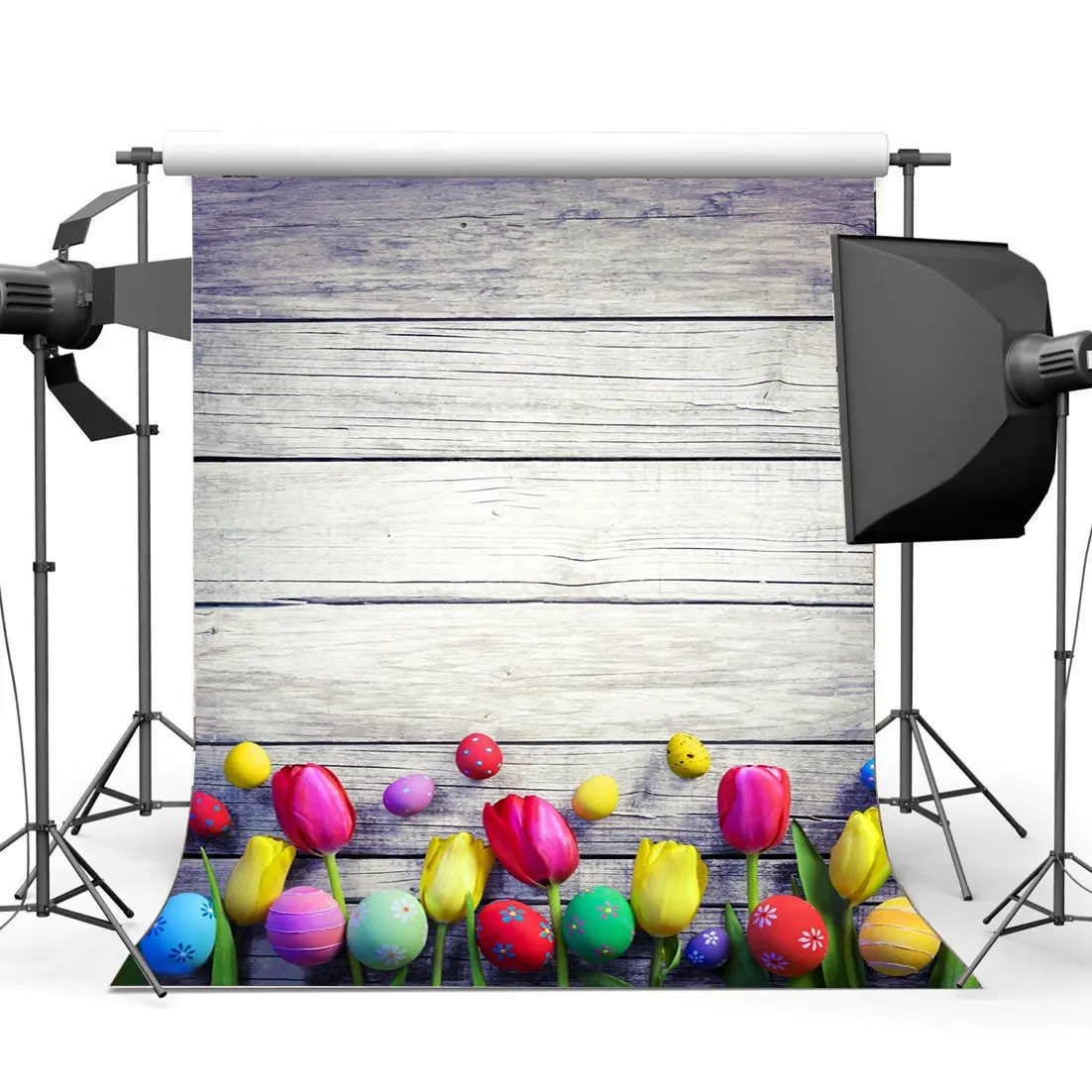 

Happy Easter Backdrop Painted Eggs Fresh Flowers on Rustic Stripes Wood Plank Frohe Ostern Spring Background
