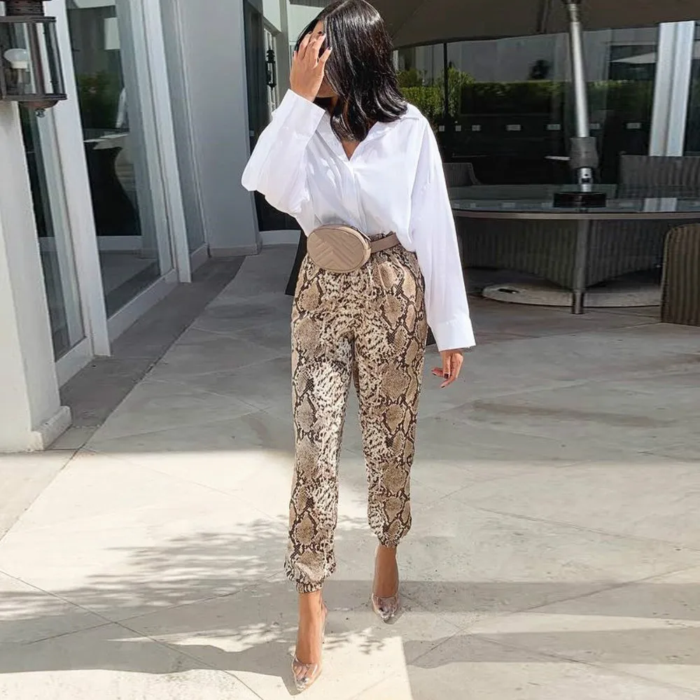 

New Women Animal Pattern Trouser Casual Snake Skin Printed Harem Pants Elastic pleated female casual ankle length trousers