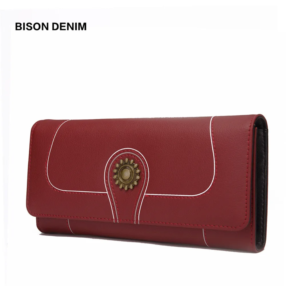 

BISON DENIM Cowhide Leather Women Long Wallet Casual Personality Hasp Two-Fold Large Capacity Ladies Travel Wallet B3270