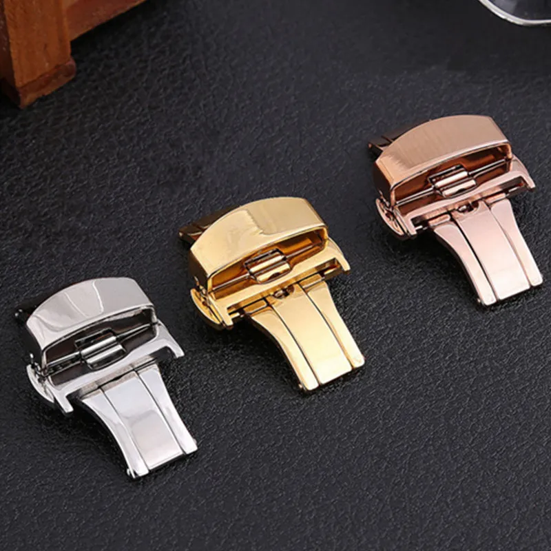 

12 14 16 18 20 22 mm 316L Solid Double Push Button Fold Watch Buckle Butterfly Deployment Clasp Silver Gold Replacement