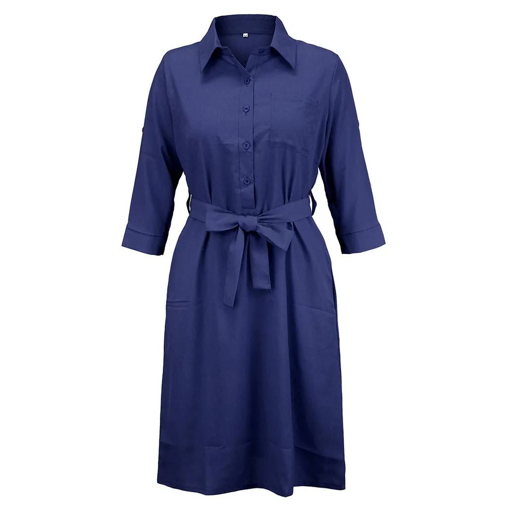 Summer Dress Women Fashion Casual Solid Color Pockets Button Turn-down Collar Three Quarter Sleeve Knee Length Vestidos OY41