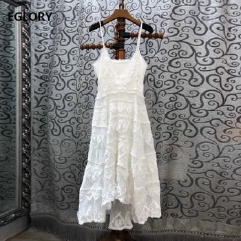 

Princess Dress 2020 Summer Fashion Party Club Ladies Spaghetti Strap Appliques Embroidery Large Swing Sexy White Dress Woman