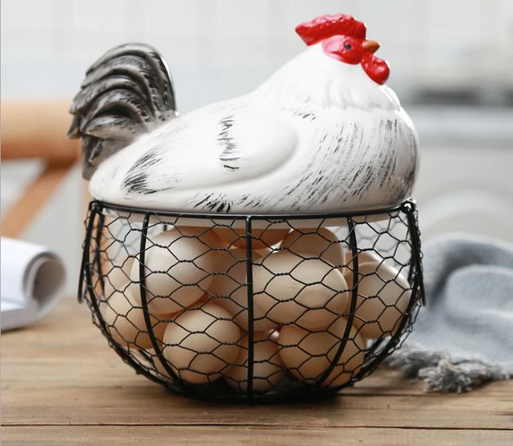 Wire Egg Storage Basket w/ White Ceramic Chicken for Chicken Egg Metal Mesh Wire Egg Storage Basket w/ White Ceramic Chicken for Chicken Egg Metal Mesh