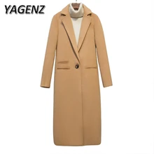 YAGENZ женские шерстяные куртки Зимние новые модные тонкие темпераментные длинные пальто однотонные повседневные теплые женские пальто черный верблюжий