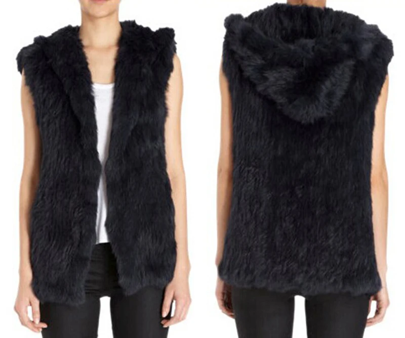

Free Shipping 100% Real Rabbit Fur Knitted Vest With Hood, Natural Rabbit Fur Gilet, Rabbit Knitted Fur Waistcoat BE1808