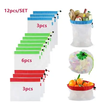 

12pcs Reusable Polyester Mesh Produce Bag Fruit Vegetable Shopping Organize Bag Washable Durable Grocery Tote Carry Pouch Bag