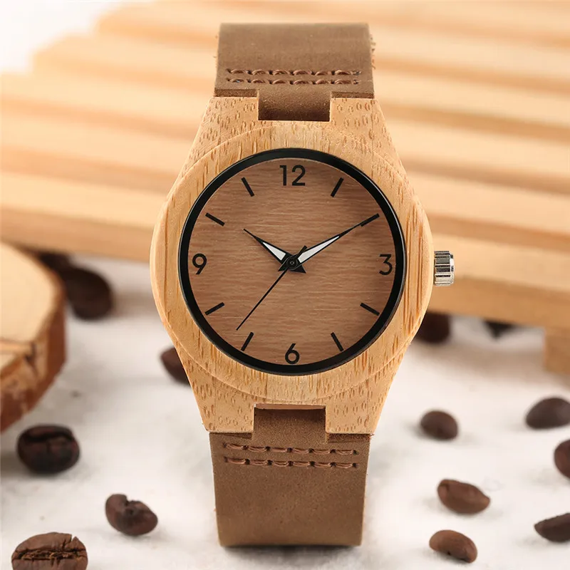 Creative Watches Women Genuine Leather Band Bamboo Case Lady Wrist Watch Wooden Light Yellow Dial Modern Female Clock Xmas Gifts