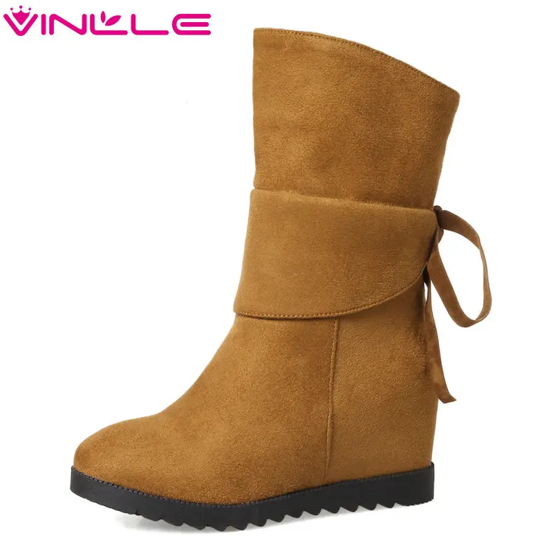 

VINLLE 2018 Women Shoes Mid Calf Boots Wedge High Heel Winter Slip On Pointed Toe Ladies Motorcycle Shoes Size 34-43