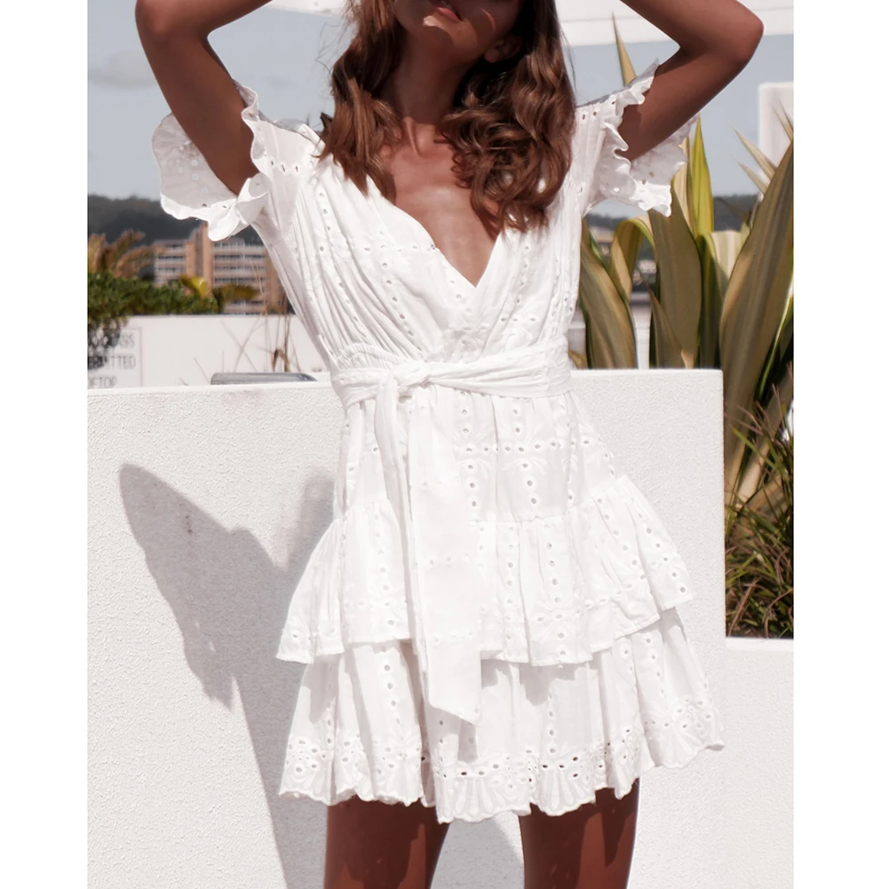 التطريز فساتين قطنية المرأة الصيف قصيرة الأكمام عارضة الشاطئ اللباس V الرقبة الجوف البسيطة اللباس التطريز فساتين قطنية المرأة الصيف قصيرة الأكمام عارضة الشاطئ اللباس V الرقبة الجوف البسيطة اللباس