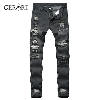 

Gersri Men Stretchy Ripped Skinny Biker Embroidery Print Jeans Destroyed Hole Taped Slim Fit Denim Scratched High Quality Jeans