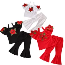 Одежда для маленьких девочек комплект летней одежды для маленьких девочек, топы на тонких лямках с вышивкой+ штаны модные расклешенные брюки Детский комплект из 2 предметов