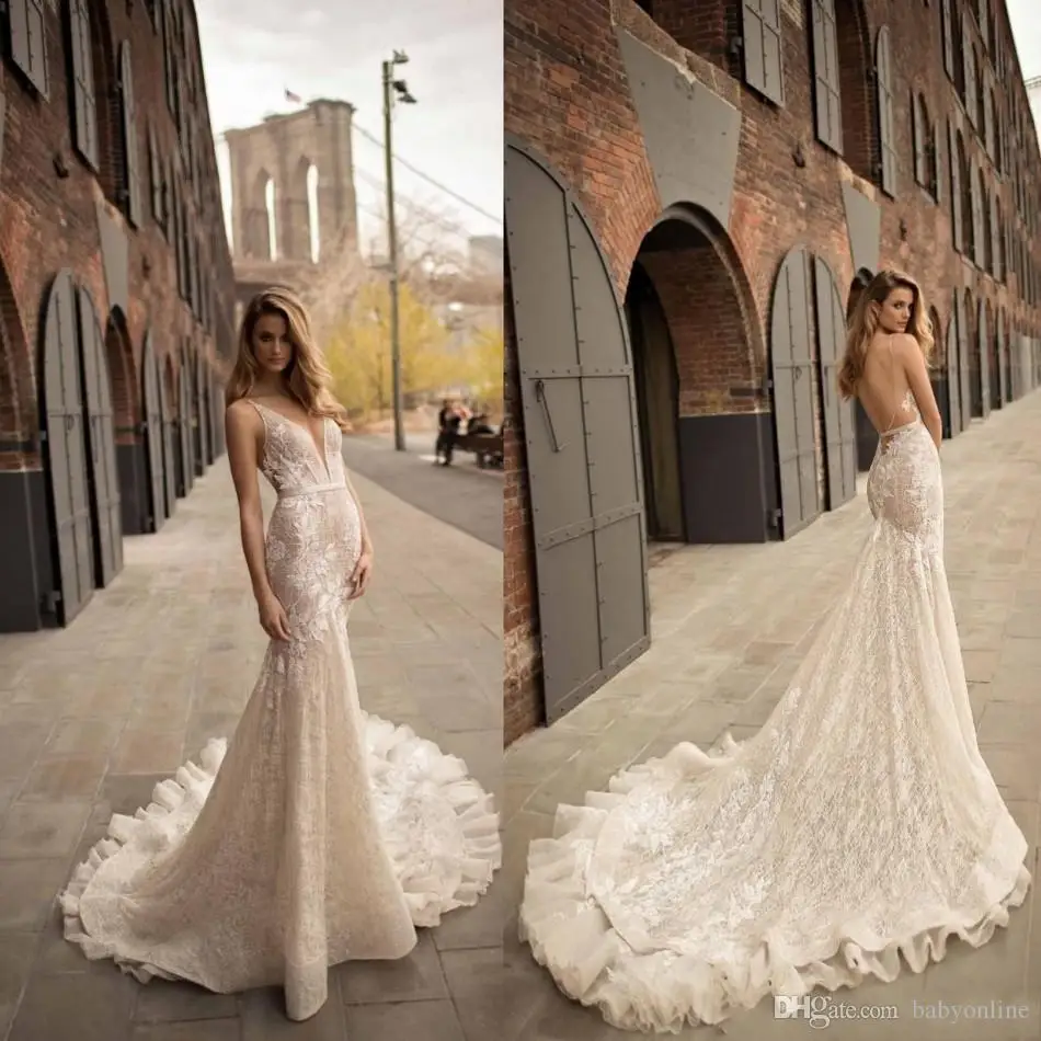 2019 Lace Mermaid Wedding Dresses Sexy Backless V Neck Applique Chapel Train Arabic Bridal Gowns Summer Garden Vestidos | Свадьбы и