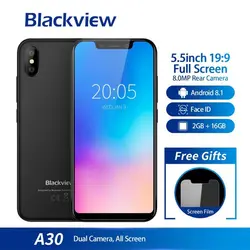 Blackview A30 смартфон 5,5 дюймов 19:9 полный экран Mtk6580a 4 ядра 2 ГБ + 16 Android 8,1 Dual Sim 3g уход за кожей лица Id мобильного телефона