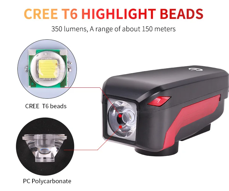 Discount WHEEL UP Bike Bicycle Horn Headlight USB Rechargeable LED Lamp IPX5 350 Lumens Cycling Headlight With Horn Handlebar Flashlight 9