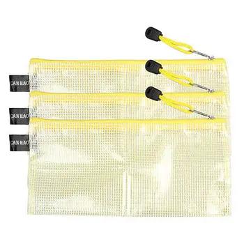 

3 x School Office Zipper Closure Files Ruler Paper Bag Clear Yellow