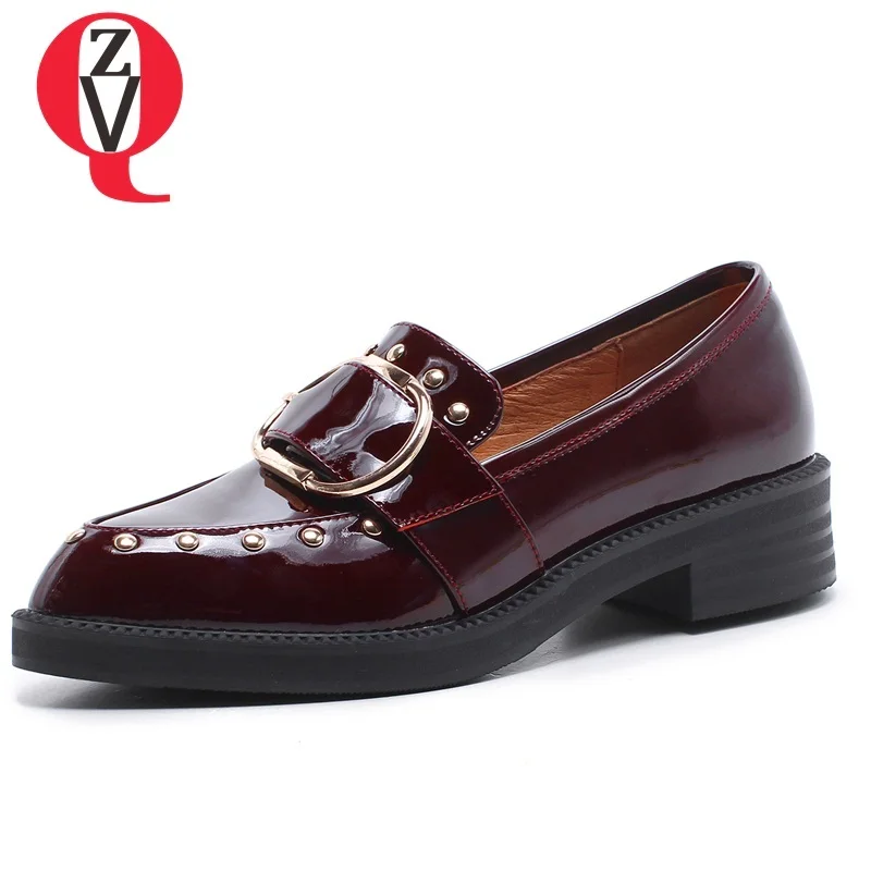 

ZVQ women shoes new patent leather pointed toe med square heel slip-on metal decoration two colors spring casual lady pumps