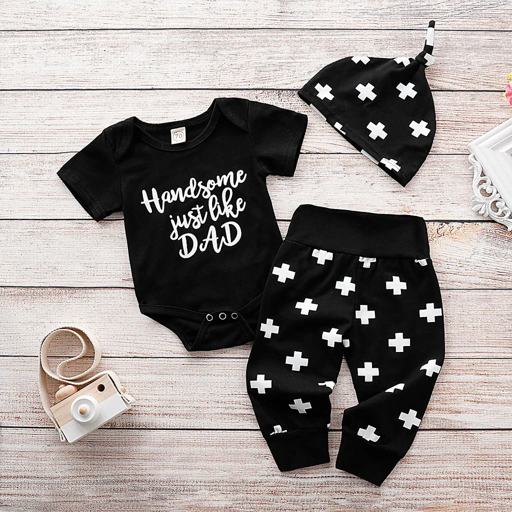 

Baby boy cotton clothes Casuel baby set kids clothes set for boys Just Like Dad Letter Romper Hat Pants Set Outfits T513