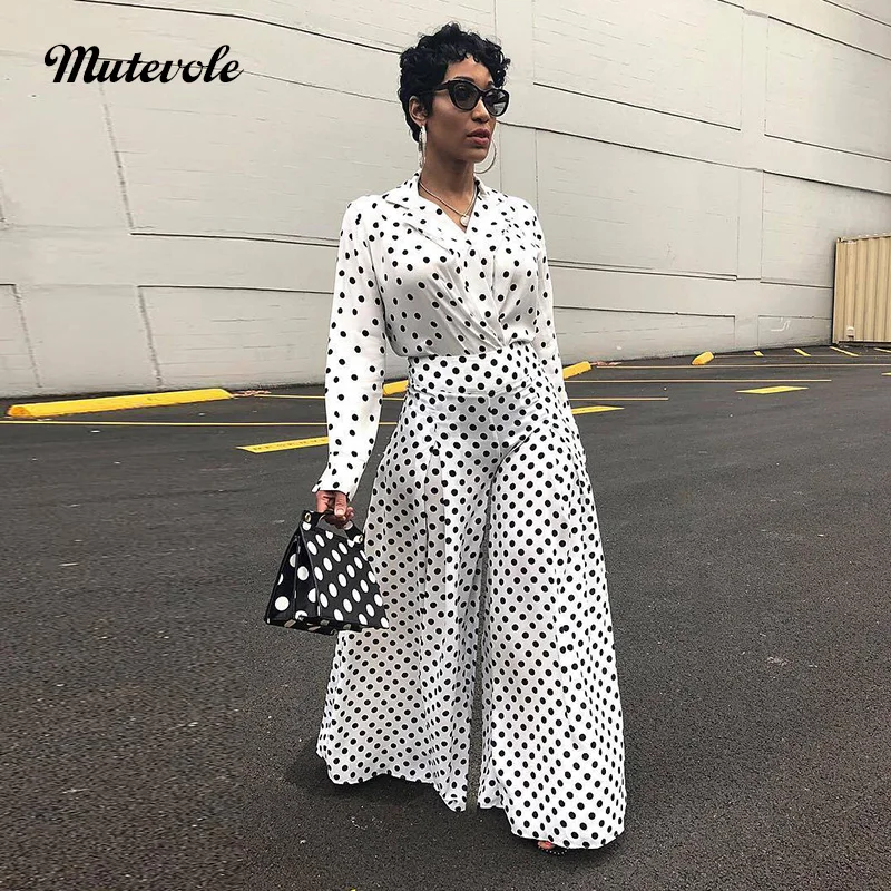 Mutevole Polka Dot Blazer and Pants Set Women Long Sleeve Top Wide Leg Trousers Two Piece Set Autumn Casual 2 Piece Outfits Set