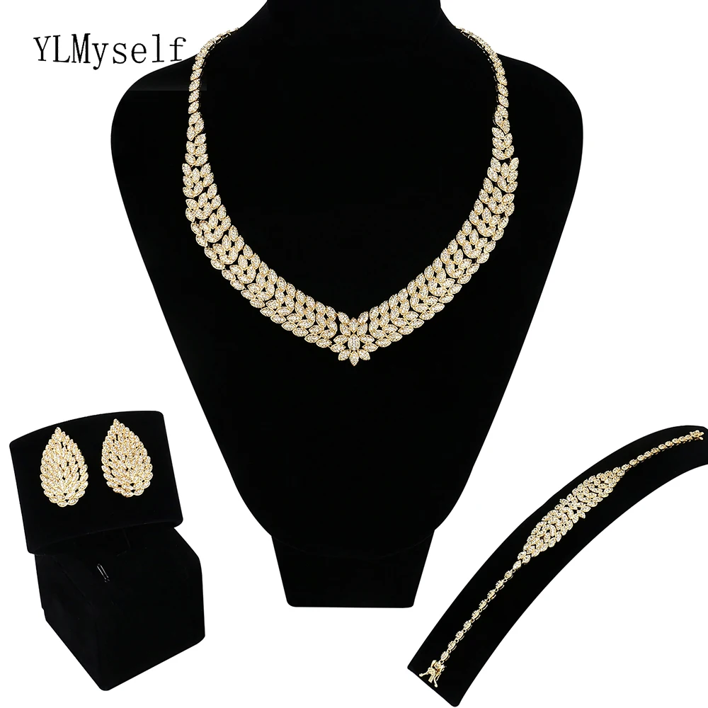 New Big wedding 4pcs jewelry sets Gold & White Necklace/Bracelet/earrings/Free gift ring Saudi Large jewelry set for bridal New Big wedding 4pcs jewelry sets Gold & White Necklace/Bracelet/earrings/Free gift ring Saudi Large jewelry set for bridal
