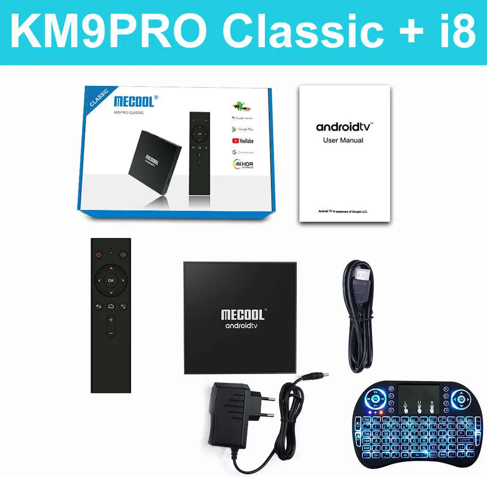 Mecool KM9 Pro Классическая консоль Amlogic S905X2 Android 9,0 2G 16G 4K HDR хромированный литой голосовой контроль Android tv Box умная приставка - Цвет: Add i8 Backlit