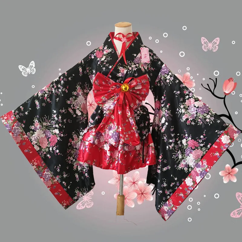

Red Pink Floral Kimono Cosplay Costume Set Plus Size S-3XL Lolita Maid Dress