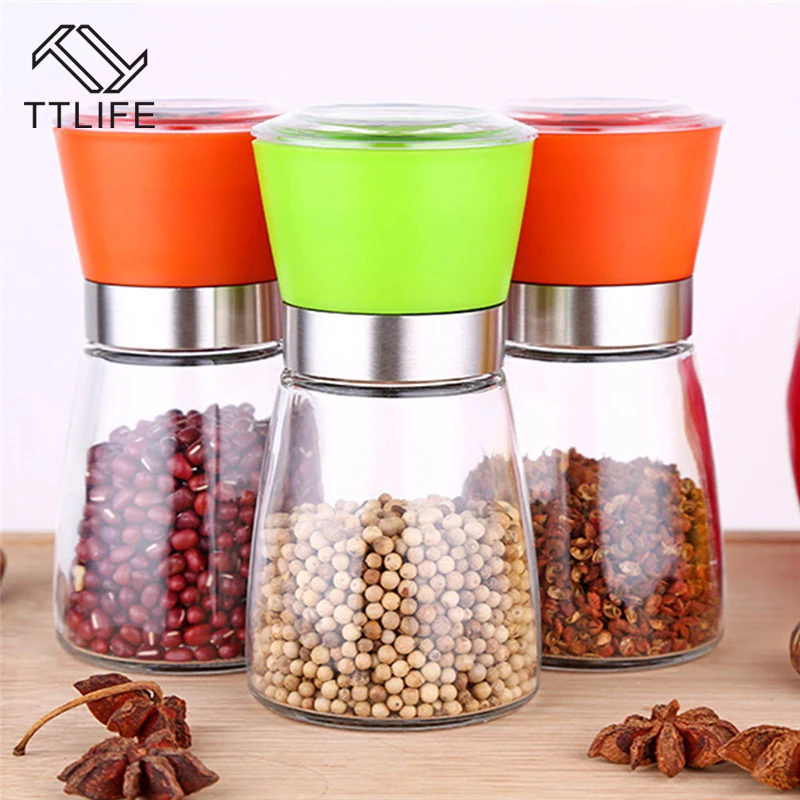 

TTLIFE Stainless Steel Glass Pepper Mill Slim Fit Spice Salt Pepper Mill Grinder Seasoning Kitchen Tools Grinding for Cooking