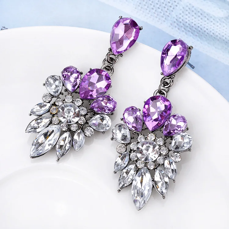 Purple Blue Color Chandelier Crystal Long Earrings For Women Rhinestone ...