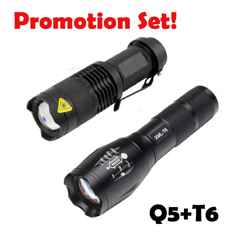 

Promotion set !LED tactical flashlight Q5 2000LM + 3800LM LED flashlight T6 Zoomable lanternas LED Torch Ultra Bright Light