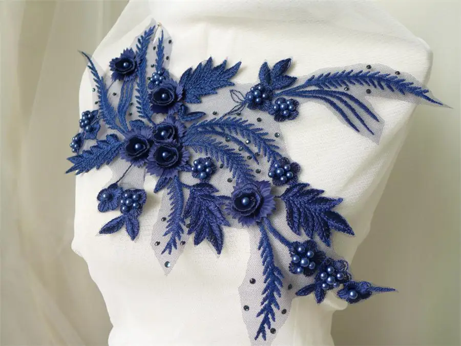 Fashion Navy Blue Beaded Applique Bridal Wedding Applique For Garment