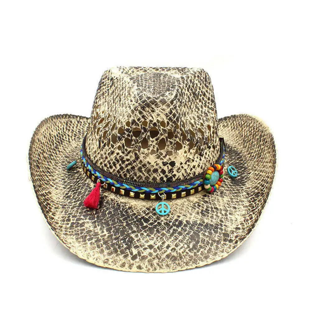 9 Women Men Straw Western Cowboy Hat Handmade Weave Lady Dad Sombrero Hombre Cowgirl Jazz Caps Bohemian Tassel Band Size 56-58CM - Цвет: C6 CAL