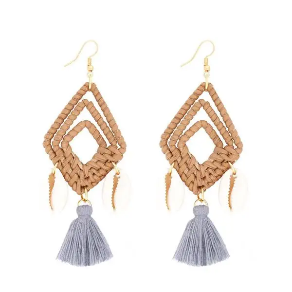 Latest Design Womens Rattan Tassel Wicker Woven Sea Shell Conch Hooks Earrings Jewelry 2019