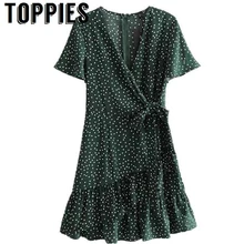 Toppies-minivestido Retro Vintage para mujer, vestido cruzado con volantes, lunares verdes oscuros, verano 2019