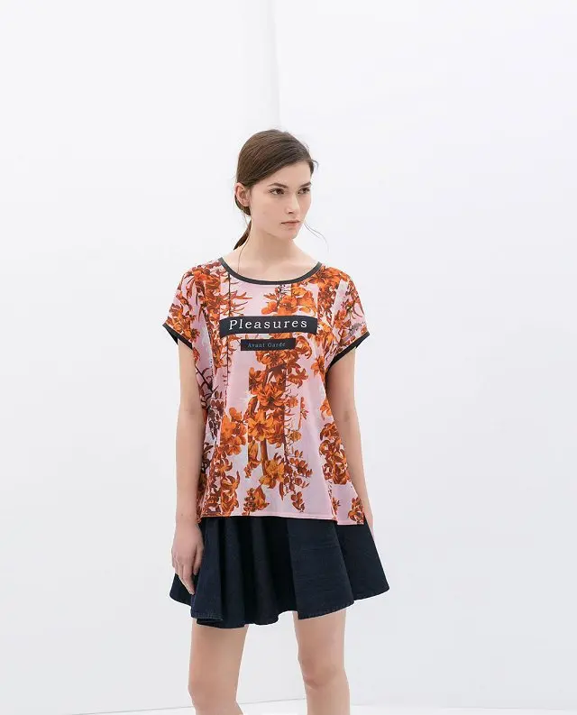 Wholesale 2014 new spring and summer flower vine European stand leather trim stitching compassionate letters printed T-shirt | Женская