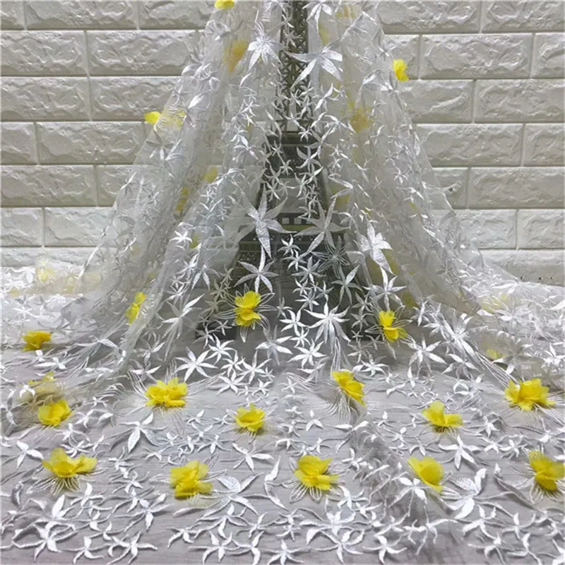 

Latest Style yellow African Lace Fabric With 3D Flower Nigerian Wedding Embroidered French Tulle Lace Material For Bridal Dress