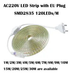 220 В LED SMD 2835 120LED/м белый/теплый белый Водонепроницаемый IP65 LED Клейкие ленты свет с ЕС мощность разъем 1 м 2 м 3 м 4 м 5 м 10 м 15 м 20 м