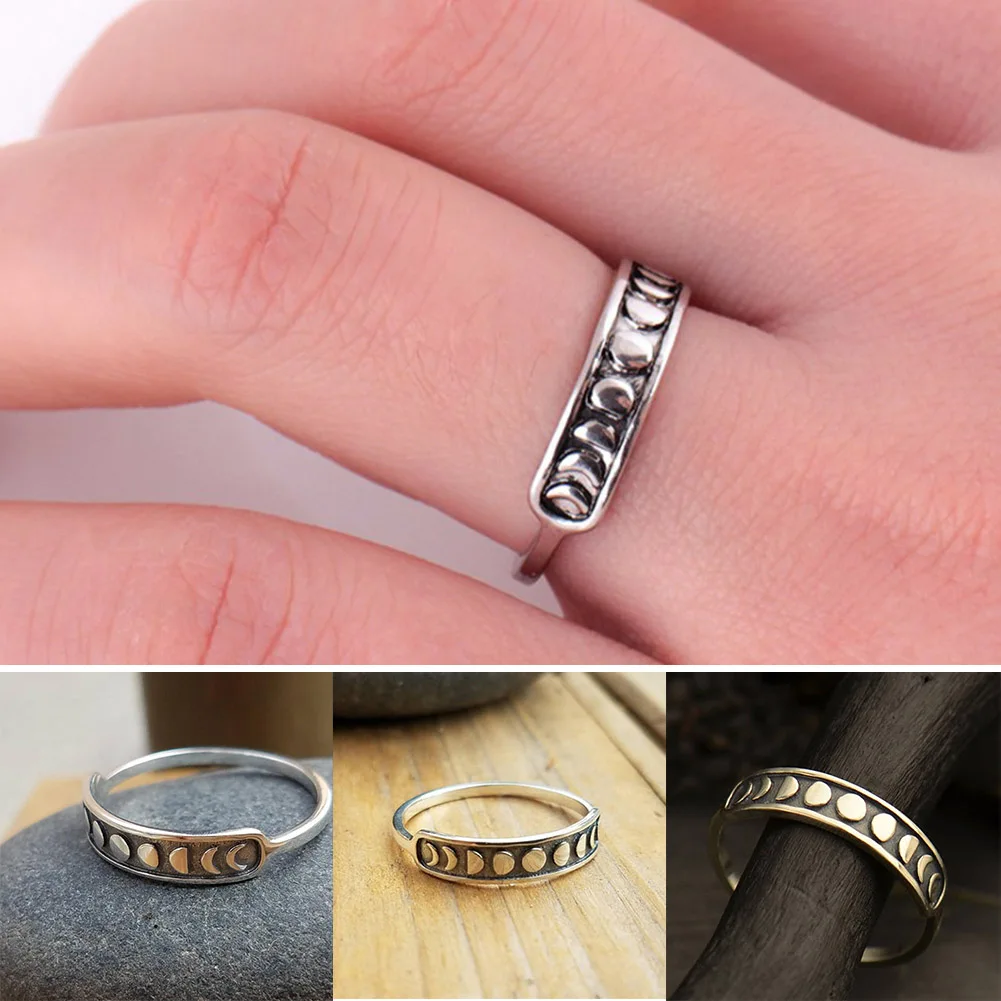 

wholesale Women Lady Vintage Handmade Silver Moon Phase Finger Ring Moon Band Jewelry