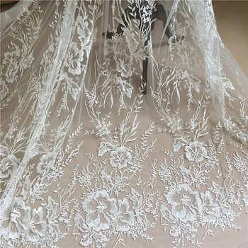 

1 Yard Quality Clear Sequin Off White Tulle Floral Embroidery Lace Fabric , Bridal Gown Wedding Dress Veils Shrug Fabric