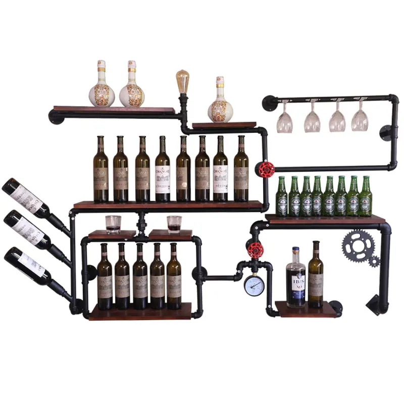 Industrial Vintage Wooden Pipe Bar Cafe Bar Restaurant Wall Mounted Liquor Cabinet Wine Glass Rack Black