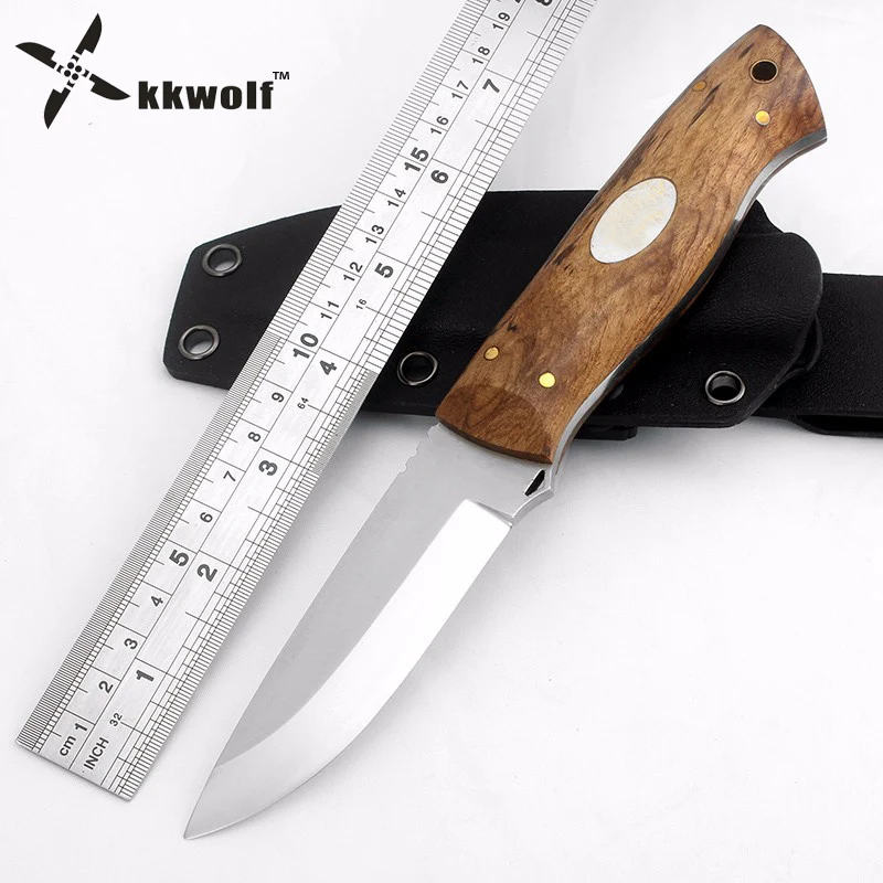 Kkwolf calidad caza la supervivencia que acampa cuchillo táctico hoja fija cuchillos d2 58-60hrc muy sharp mejor caza al aire libre herramienta de acero