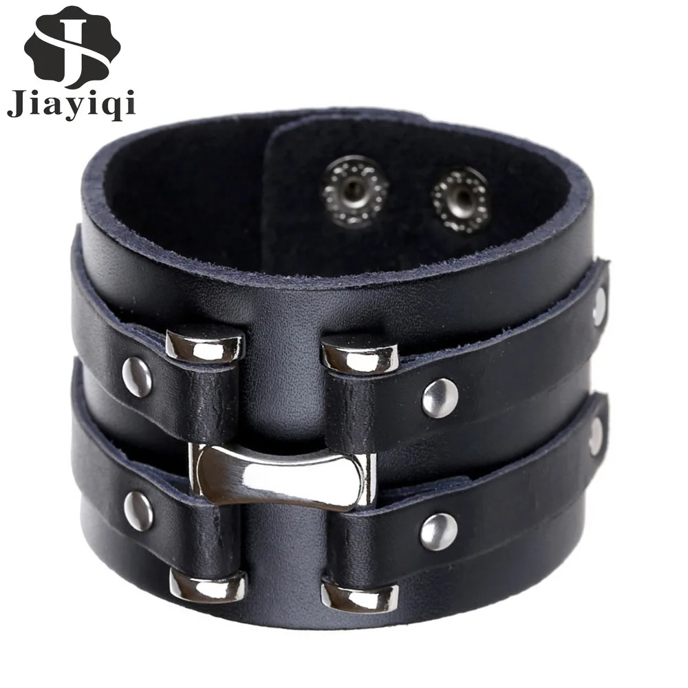 

Jiayiqi Vintage Genuine Leather Bracelets Brand Punk Wide Cuff Charm Bracelets & Bangle for Men Jewelry Wristband Gifts 2017