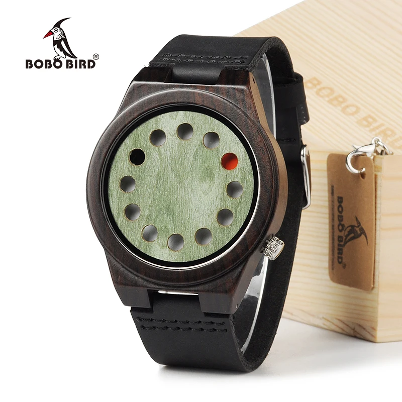 BOBO BIRD Unique Wood Watch 12 Wholes Real Leather Band Bamboo Quartz Watch for Men In Gift Box