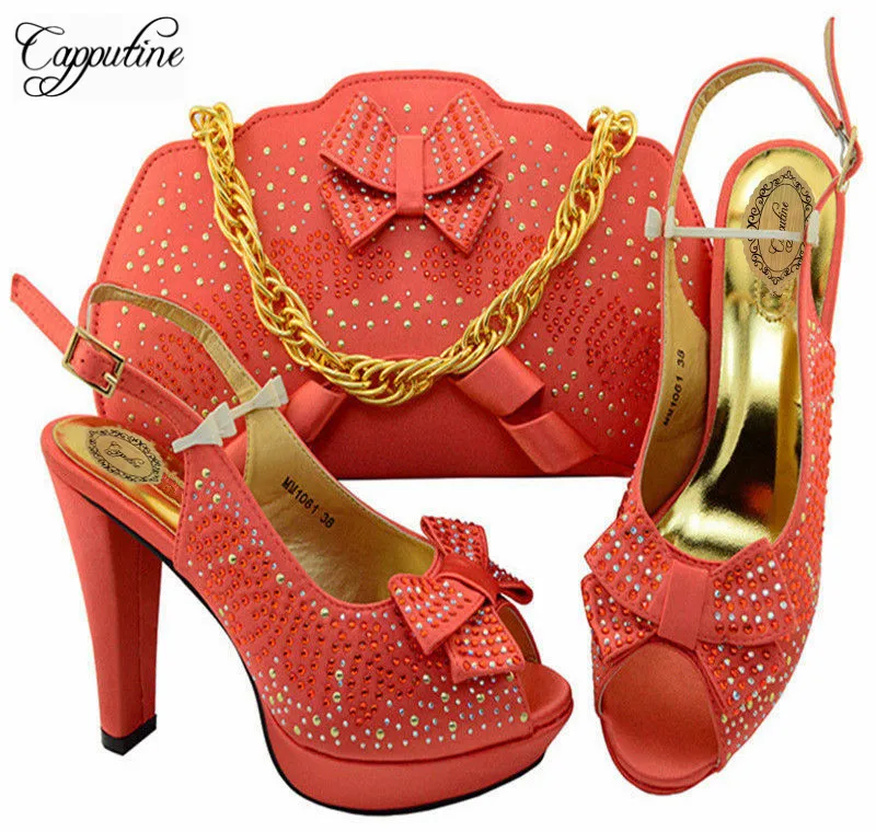 Capputine High Quality Italian Party Shoes And Matching Bag Set Fashion Decorated With Rhinestone Shoes And Purse Set MM10612