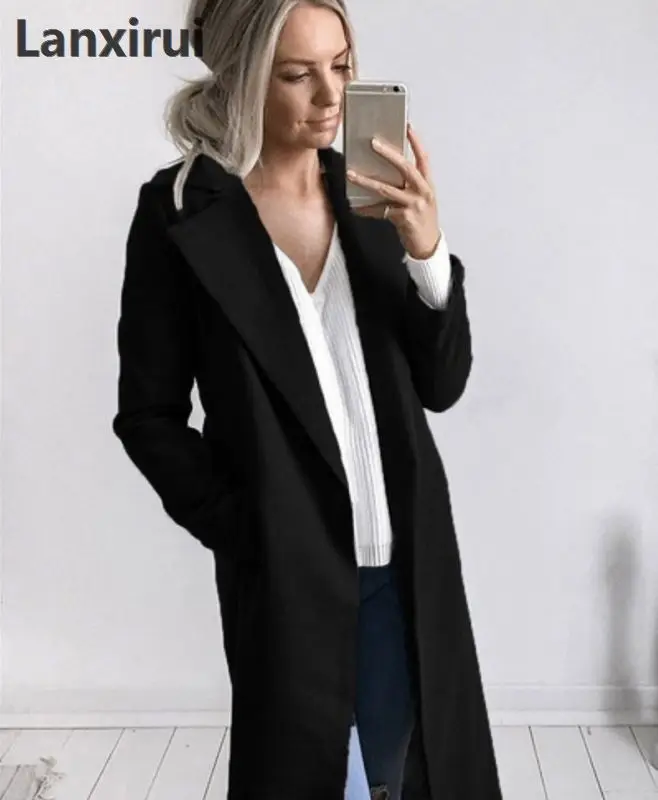 Зимние куртки, Женское шерстяное пальто, широкий нагрудный карман, большой размер, длинный Тренч, верхняя одежда, шерстяное пальто, Женское пальто - Цвет: black