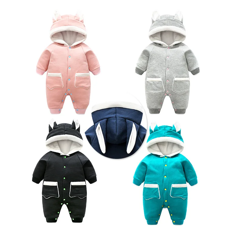 

Baby warm Rompers Long Rabbit Ears Hooded Jumpsuits Cotton Warm Costumes Newborn Baby Clothes Autumn Winter Outerwear