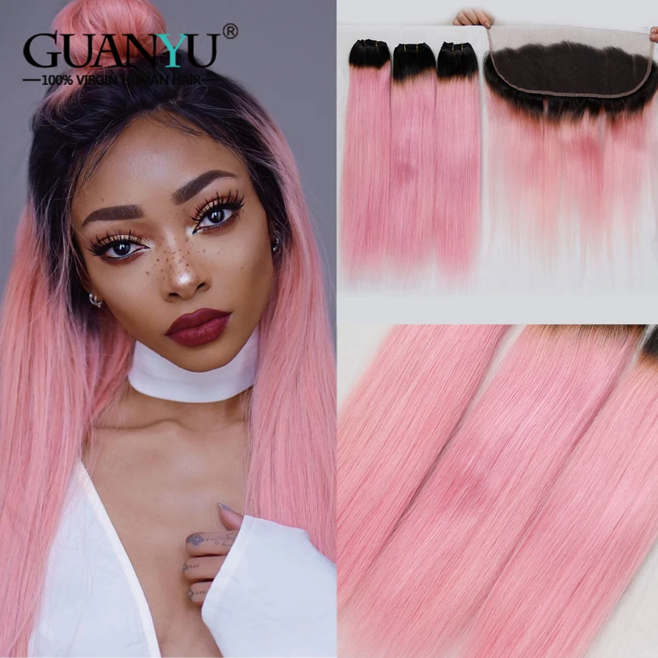 

Guanyuhair #1B/Pink Ombre 3 Bundles With Lace Frontal Closure 13X4 Ear to Ear Peruvian Straight Human Hair Weave with Dark Roots