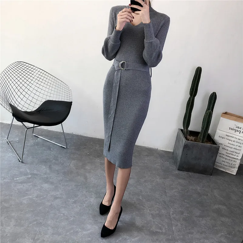

woman spring winter sweater dress Belted knee-knit dress grey color casual dress