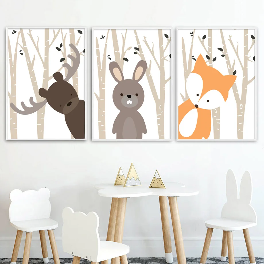 Cartoon Forest Deer Rabbit Fox Nordic Posters And Prints Wall Art Canvas Painting Nursery Wall Pictures Baby Girl Boy Room Decor