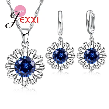 

Geometric 925 Sterling Silver Fashion Jewelry Set Beautiful Crystal Stone Sun Flower Pendant Necklace Earrings Party Accessories